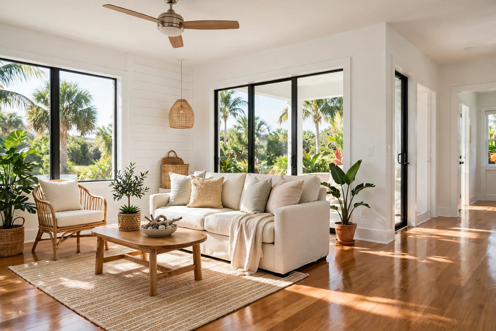 A dry, restored living room in a Boca Raton home after water damage repair