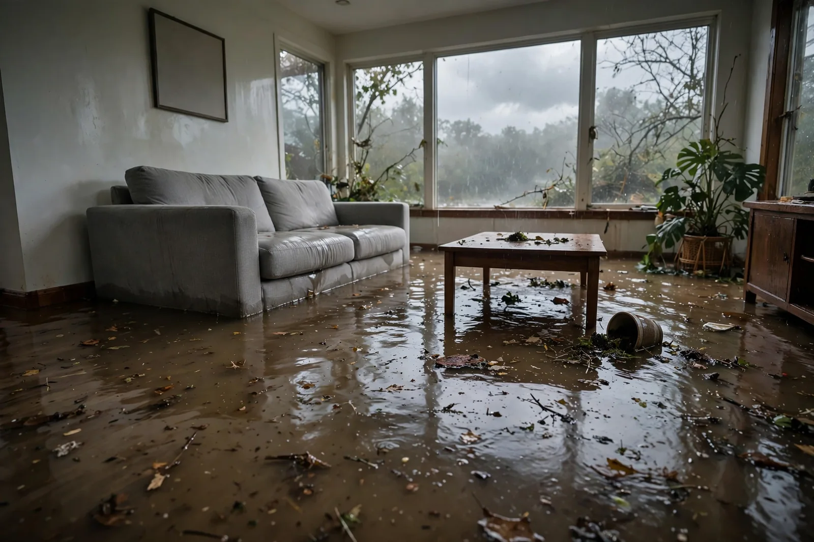 Flood water covering a living room floor in a Boca Raton home after a storm