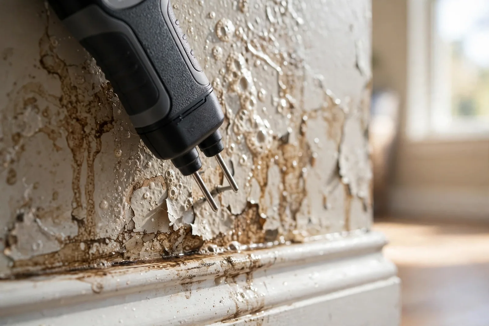 Moisture meter checking a damp, water-stained wall in a Boca Raton home