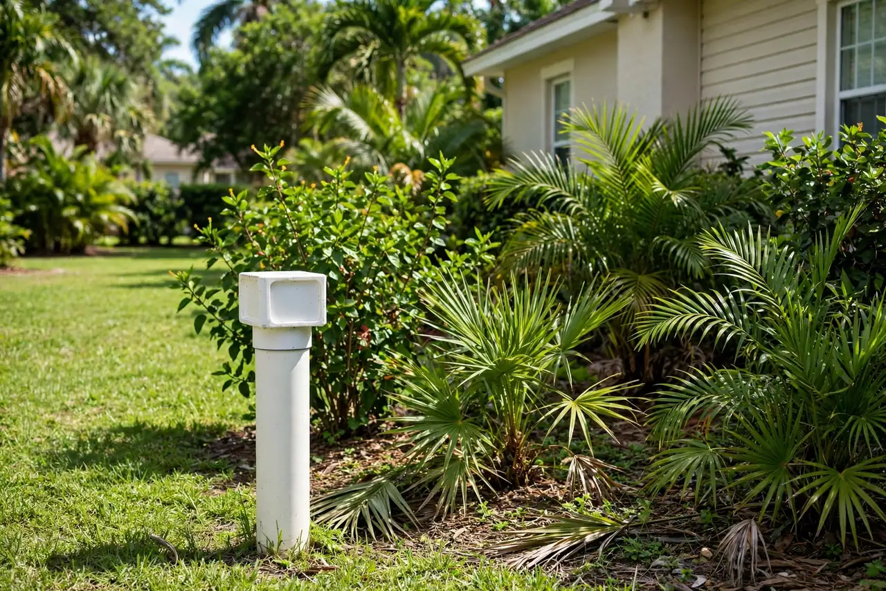 A sewer cleanout pipe in the yard of a Boca Raton home